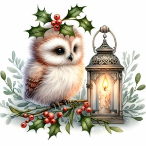 17 Images clipart chouette de Noël JPEG - Art JPG de lanterne d'hiver - Joli oiseau des bois avec houx pour cartes, autocollants, travaux manuels, décoration pour enfants, scrapbooking