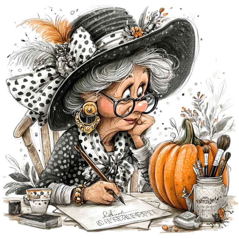 May include: A whimsical illustration of an elderly woman wearing a large black hat with a polka dot bow, writing at a desk. An orange pumpkin sits beside her, along with makeup brushes and a small teacup. The woman wears glasses and gold earrings.