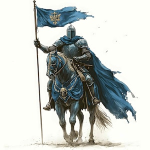 41 JPEG middeleeuwse ridder clipart – gepantserde ruiter met vlag – fantasiefans, historische kunstliefhebber, afdrukbaar voor games, wanddecoratie en knutselen