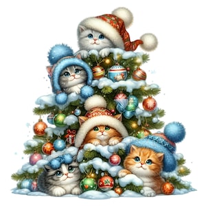 10 chatons de Noël PNG Clipart - chats mignons dans des chapeaux se cachant dans un arbre enneigé avec des ornements, illustration de chat d'hiver de vacances