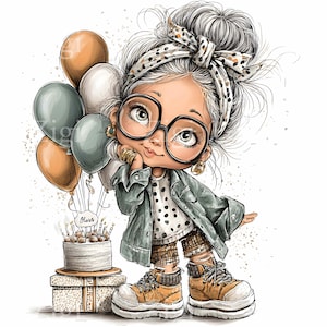 May include: Cartoon illustration of a girl with glasses, holding balloons. She wears a denim jacket, polka dot shirt, and patterned shorts. A birthday cake and gifts are in the foreground. The girl is wearing yellow boots.