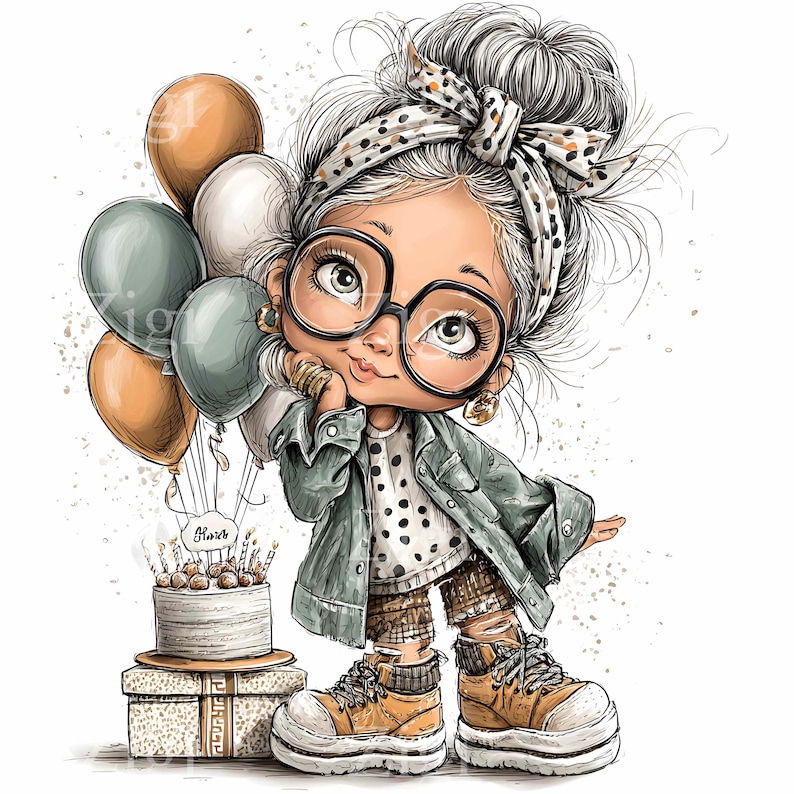 May include: Cartoon illustration of a girl with glasses, holding balloons. She wears a denim jacket, polka dot shirt, and patterned shorts. A birthday cake and gifts are in the foreground. The girl is wearing yellow boots.