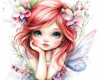 26枚のJPG画像：ピンクの妖精の水彩画、花の妖精のイラスト、魔法の