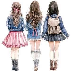 12 PNG Tre ragazze Clipart PNG, Ragazze alla moda in acquerello con giacche di jeans, Carine amiche adolescenti dal retro, Download digitale