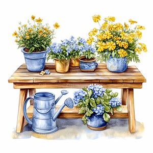 12 Rustikaler Gartentisch PNG Clipart - Holzbank mit Topfblumen & Gießkanne - Frühlingsblumenkunst für Sublimation