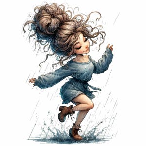 May include: Illustration of a person dancing in the rain. The person is wearing a blue dress and brown boots. Raindrops and splashes of water are visible. The person has brown hair and is smiling with their eyes closed.