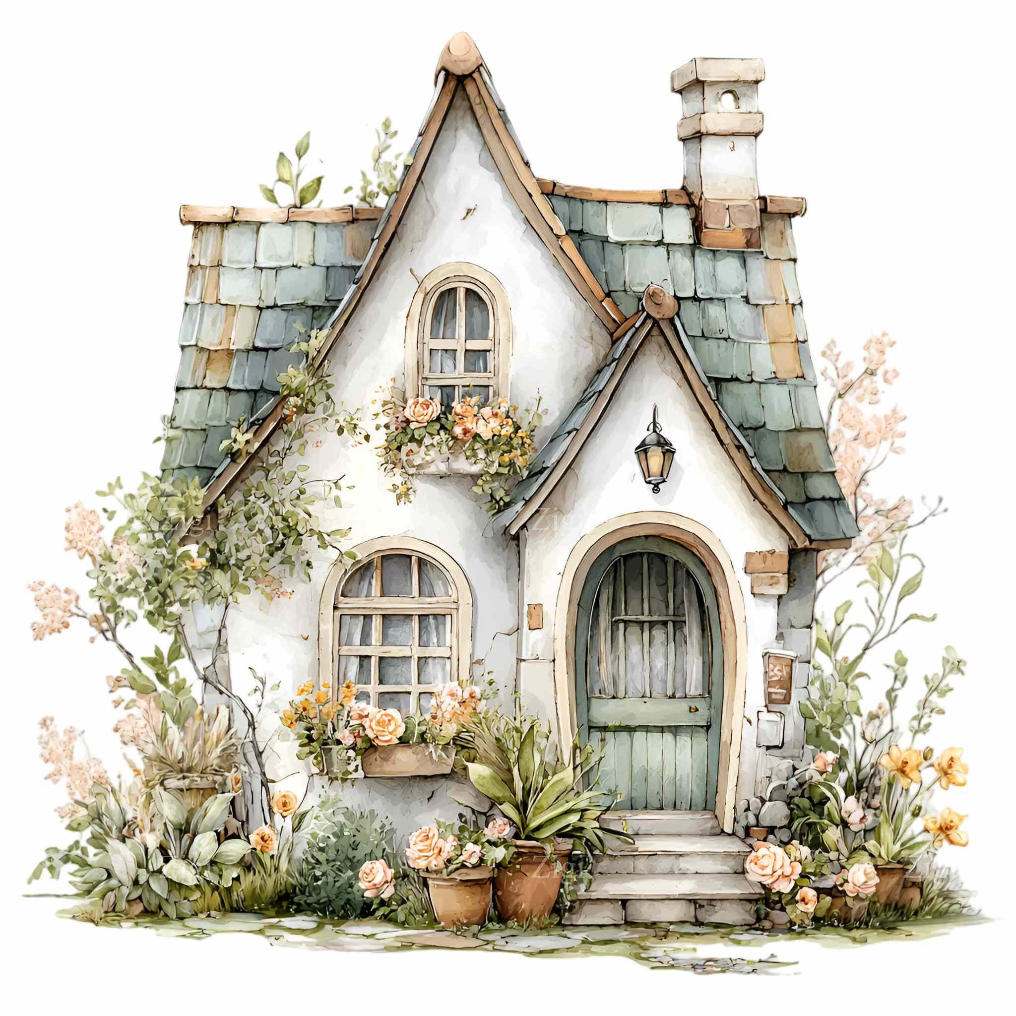 15 PNG Fairytale Cottage, Floral Garden House Clipart, Watercolor ...