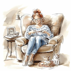 16 JPEG Knitting Girl Clipart, Knitter Scene JPEG, Relaxed Woman with Yarn Illustration, Home Hobby Art Download, Digital Cat Image