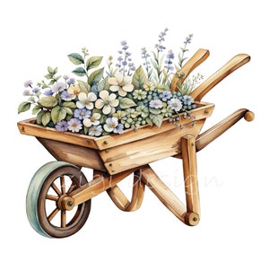 May include: A wooden wheelbarrow filled with a variety of white and blue flowers. The wheelbarrow is brown and has a wooden handle.