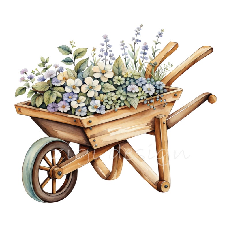 May include: A wooden wheelbarrow filled with a variety of white and blue flowers. The wheelbarrow is brown and has a wooden handle.