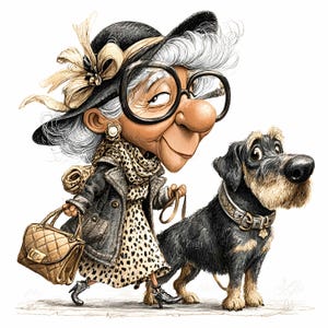 24 JPEG Stylish grandma and dog clipart – Funny cartoon JPG – Elegant senior lady with pet art for cards, crafts, prints, planners