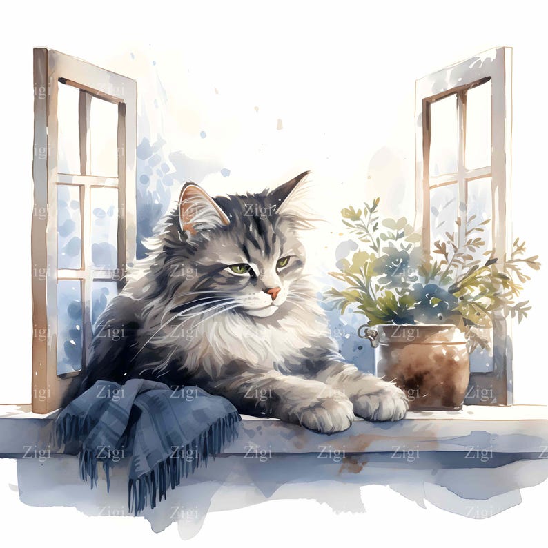 Window Cat Clipart – Watercolor Fluffy Kitten Art – Rustic Wall Prints, Home Decor, DIY Crafts, Invitations, Printable Pet Illustration