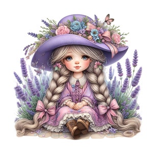 15 PNG Lavendel Mädchen Clipart - Blumenhut PNG für Frühlingswandkunst, Vintage Pastell Illustration, Digitaldruckdesign