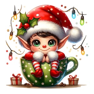 17 PNG Elfo di Natale PNG - Clipart di tazze natalizie carine - Arte dei cartoni animati festivi per sublimazione, lavoretti per bambini, adesivi, biglietti invernali