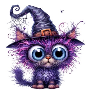 Halloween Cat Clipart - Purple Kitten With Witch Hat and Webs ...