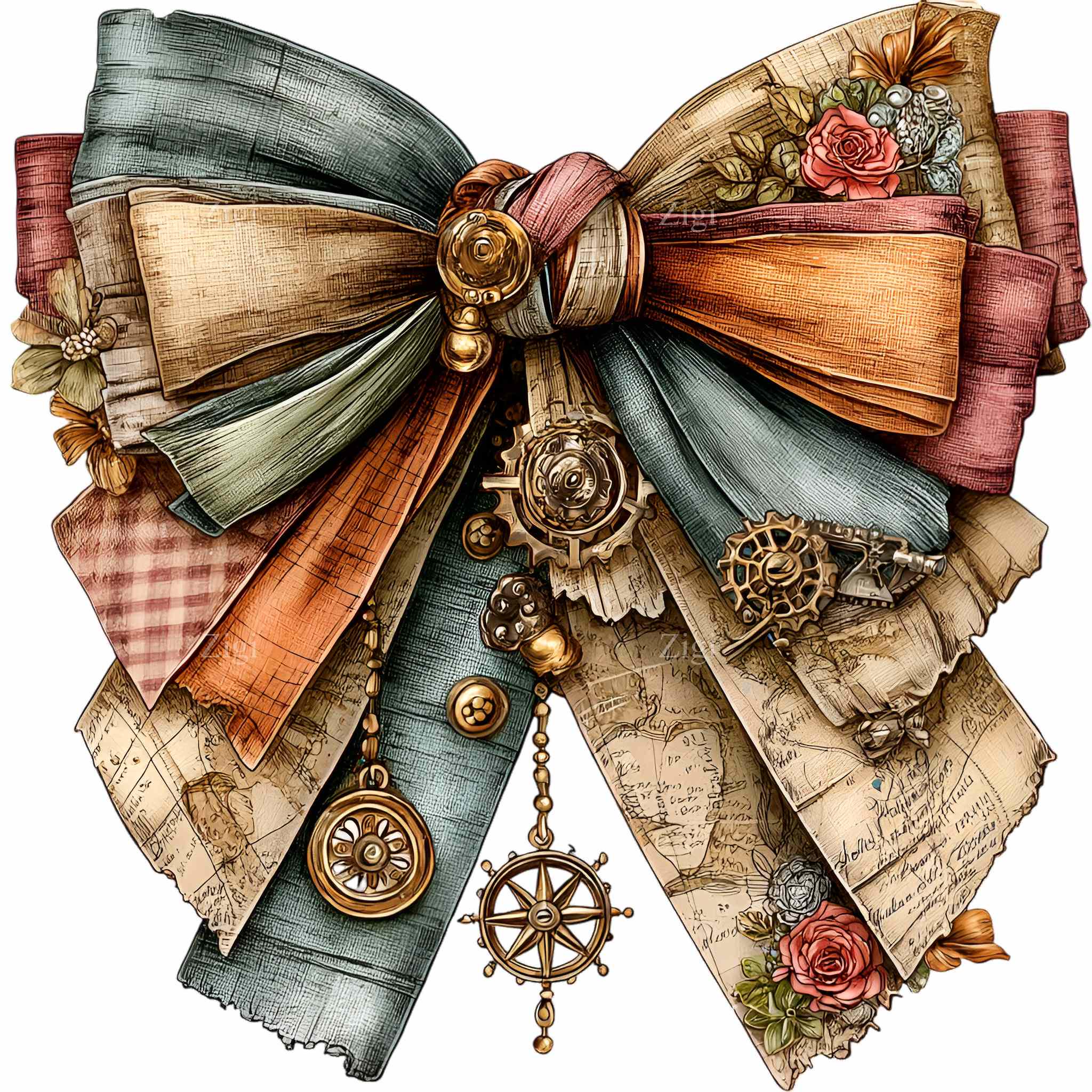 Steampunk Ribbon 10 PNG Steampunk Map Bow – Vintage Ribbon PNG Clipart – Watercolor ...