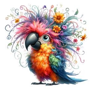 15 PNG de loros coloridos con plumas florales PNG, imágenes prediseñadas de pájaros caprichosos, arte de loros vibrantes, vida salvaje de fantasía, descarga digital