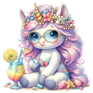 10 Beach Unicorn PNG Clipart - Uroczy pastelowy jednorożec z kwiatową koroną, okularami przeciwsłonecznymi i koktajlem - Pobieranie cyfrowe