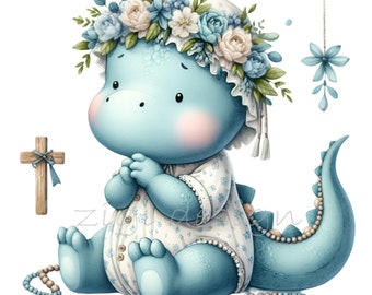 12 PNG Blue Dinosaur Baptism, Watercolor Christening Clipart