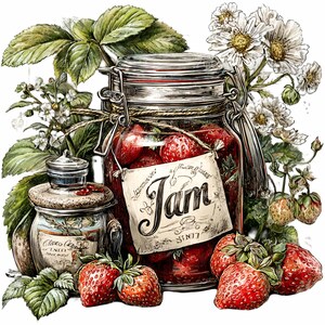 Może przedstawiać: Słoik dżemu truskawkowego z etykietą "Jam" otoczony jest świeżymi truskawkami, liśćmi i białymi kwiatami. Słoik jest zamknięty metalową klamrą i zawiera całe truskawki. Widoczny jest r&oacute;wnież mniejszy słoik czekolady.
