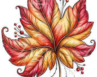 16 PNG Maple Leaf Autumn Fall Foliage, Swirl Berry Thanksgiving Art