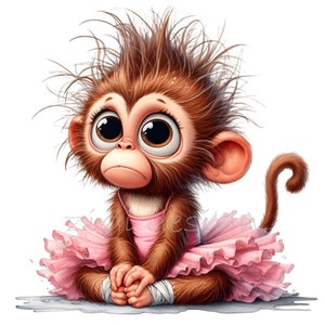 May include: A brown and white monkey wearing a pink tutu with a ruffled skirt. The monkey has large, expressive eyes and a sad expression. The monkey is sitting with its legs crossed and its hands clasped together.