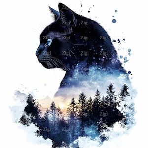 18 imágenes prediseñadas de gatos JPEG JPG: Felino místico con cielo estrellado, paisaje forestal, río a la luz de la luna, impresión artística de fantasía