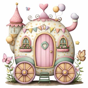 以下が含まれることがあります： パステルカラーの童話の馬車の気まぐれなイラスト。馬車は、ハート型のハンドルが付いたピンクのドア、フラワーボックス、装飾バナーが特徴です。風船と蝶がファンタジーのテーマを加えています。