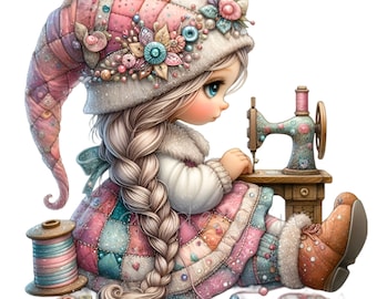 15 PNG Sewing Girl Clipart, Quilting Hobby Patchwork Seamstress Design
