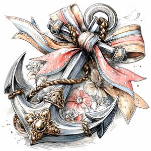 May include: Detailed illustration of a silver anchor adorned with a decorative bow featuring pink polka dots and pastel stripes. A brown rope wraps around the anchor, and delicate flowers are in the background. The anchor has gold accents.