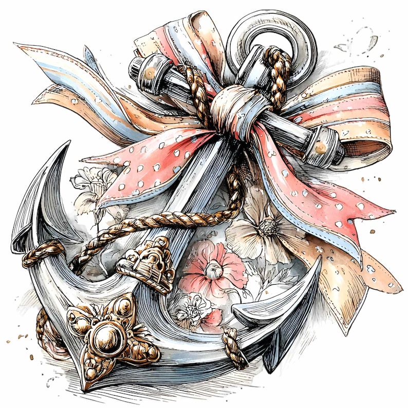 May include: Detailed illustration of a silver anchor adorned with a decorative bow featuring pink polka dots and pastel stripes. A brown rope wraps around the anchor, and delicate flowers are in the background. The anchor has gold accents.