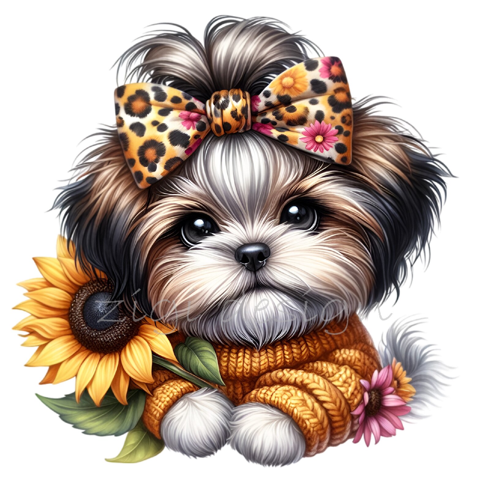 Shih Tzu Clip Art, Leopard Bow Clipart, 15 PNG Sunflower Animal Print ...