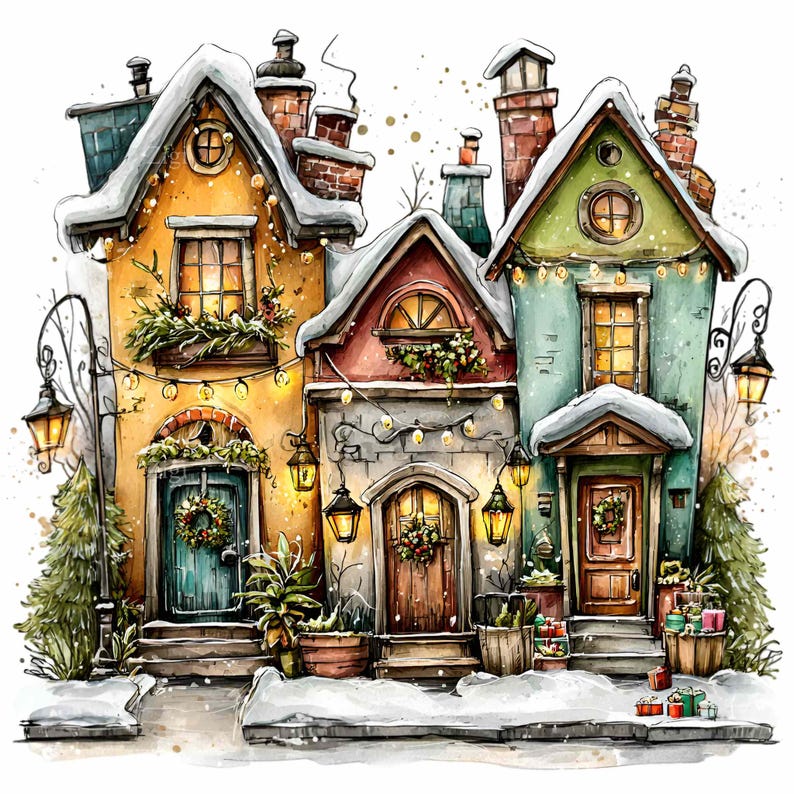 12 PNG Snowy Village PNG – Christmas Houses Clipart – Winter Street ...