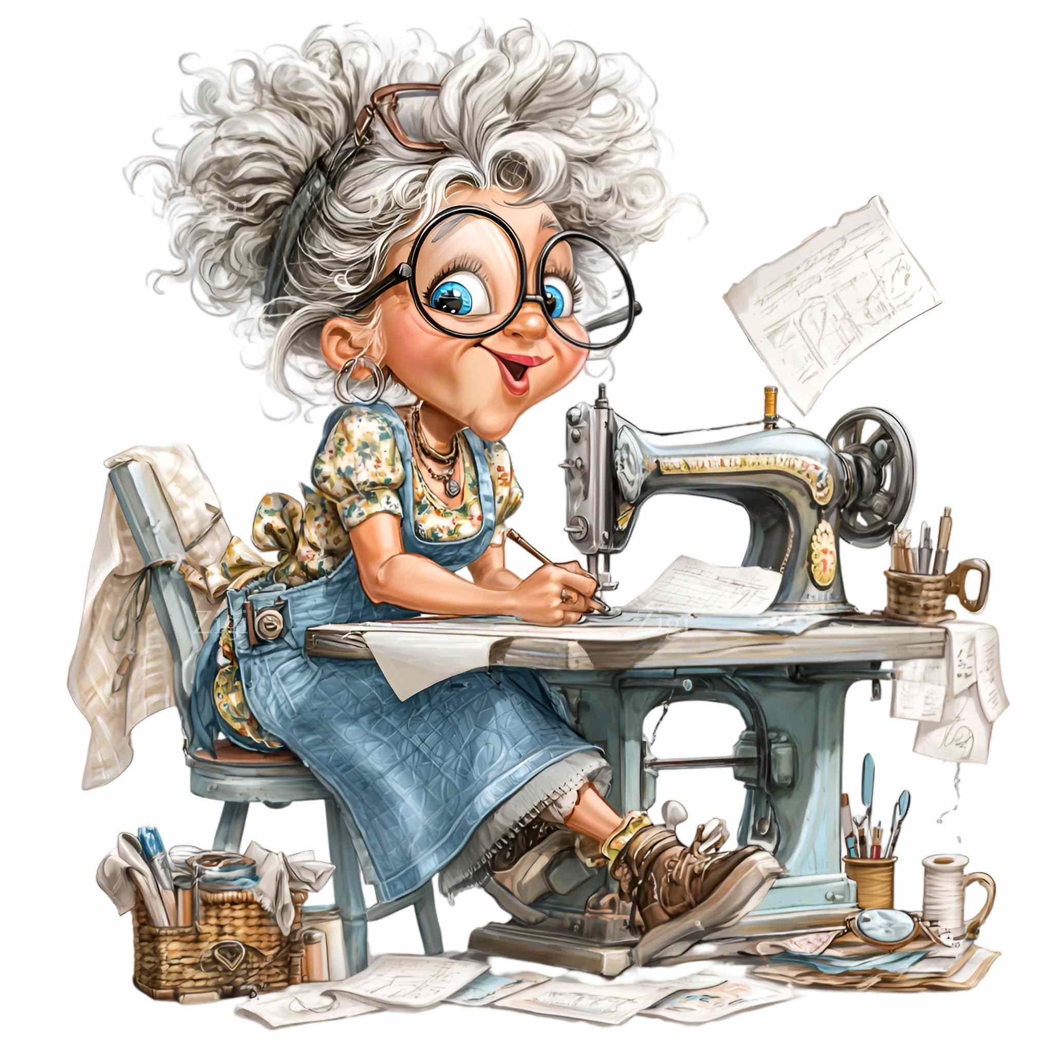 16 PNG Grandma Sewing Clipart – Funny Seamstress PNG – Whimsical Craft ...