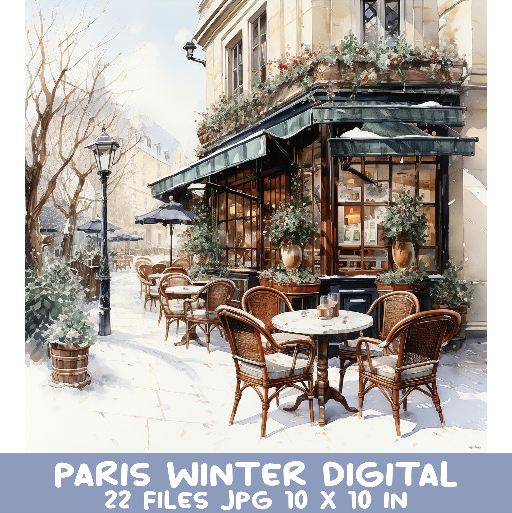 Paris Winter Digital Art Set - Vintage Winter Scene With