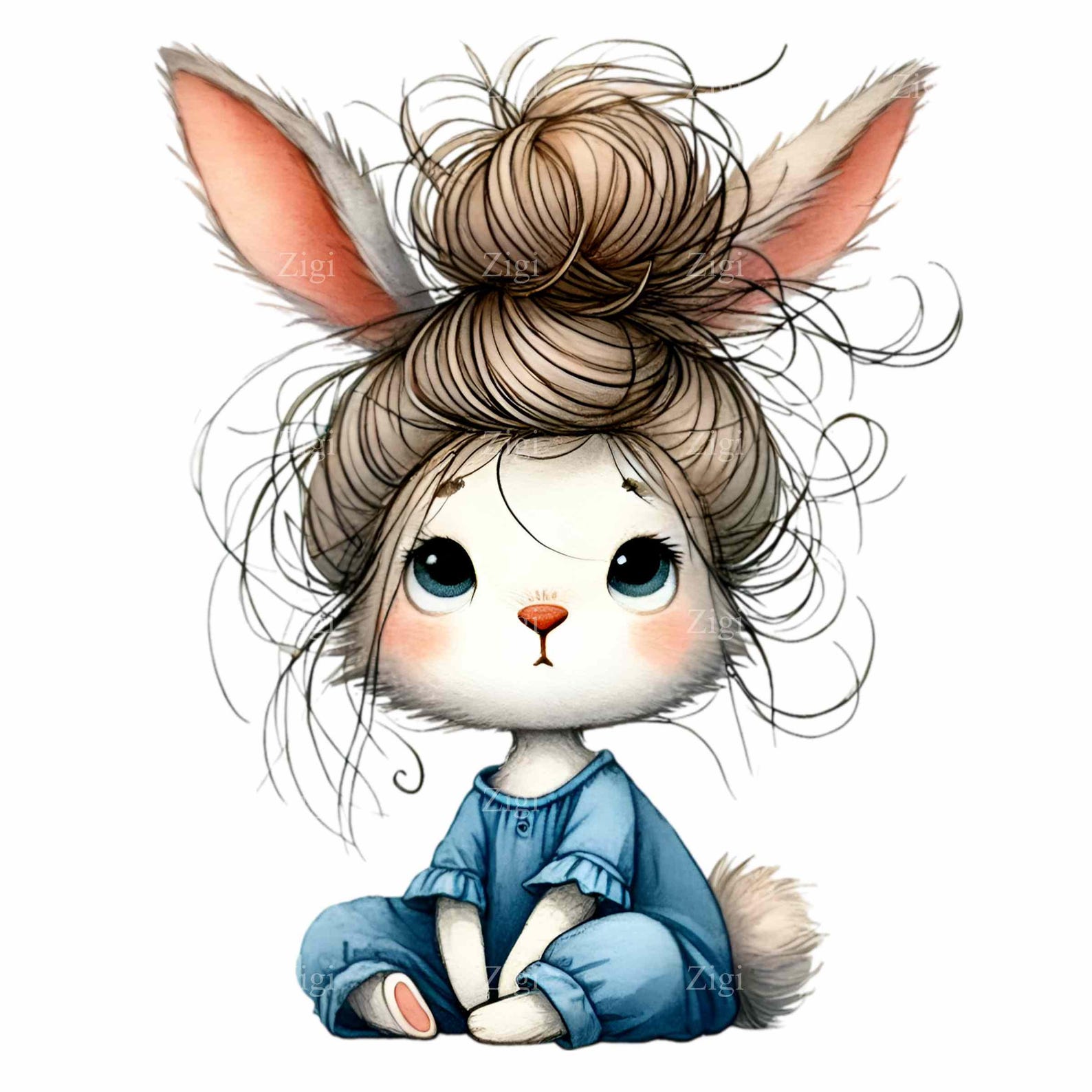 12 PNG Funny Bunny Pajama Clipart, Messy Hair Rabbit, Blue Striped ...