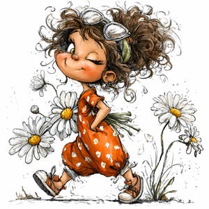 以下が含まれることがあります： デイジーの花束を持って歩いている、ウィンクしている漫画の女の子のイラスト。白い水玉模様のオレンジ色のドレス、茶色の靴、メガネをかけています。背景には大きなデイジーと草があります。