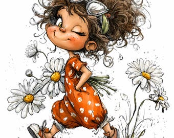 12 PNG lächelndes Mädchen mit Gänseblümchen Clipart - Niedliche PNG - Frühlingsblumenkunst für DIY-Karten, Kinderdrucke, Aufkleber, Planer, Kinderzimmerdekor