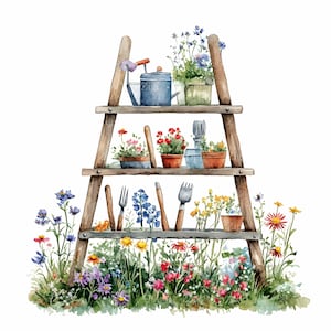 28 JPEG Gartenregal Clipart JPG - Gießkanne, Töpfe, Werkzeuge und Blumen auf Holzregal, Blumengarten-Kunstszene