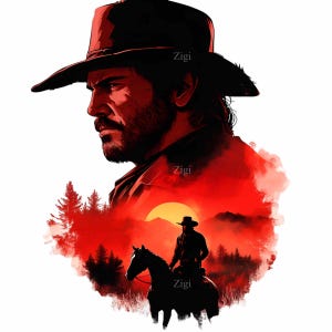 Può includere: Stampa artistica digitale raffigurante un cowboy con cappello, sullo sfondo di un tramonto rosso. L'immagine include una silhouette di un cavaliere a cavallo, con alberi e montagne sullo sfondo. L'opera d'arte ha una qualità illustrativa stilizzata.