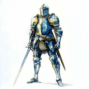12 Clipart di cavalieri medievali JPEG - Guerriero con armatura blu dorata e spada, crociato in piedi pronto per la battaglia, arte fantasy