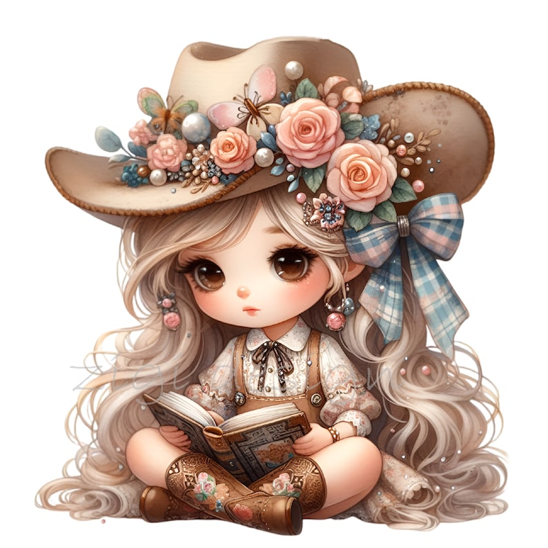 May include: A cartoon girl with blonde hair wearing a brown cowboy hat with floral embellishments and a blue plaid bow. She is sitting with a book in her lap and wearing brown boots.