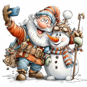 以下が含まれることがあります： サンタクロースが雪だるまと自撮りしている漫画のイラスト。サンタはオレンジ色のコート、青いズボン、お揃いの帽子を着用しています。雪だるまは人参の鼻、ストライプのスカーフ、アビエーターゴーグルをしています。両方のキャラクターが笑顔です。