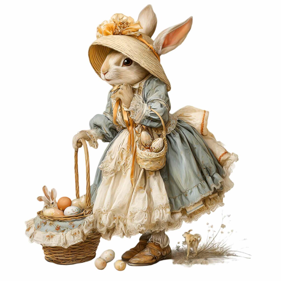 16 PNG Easter Rabbit Clipart , Vintage Bunny Illustration, Floral Dress ...