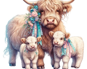 10 Família de vacas das Terras Altas da Papua Nova Guiné, mãe e bezerro, fitas florais estilo ocidental