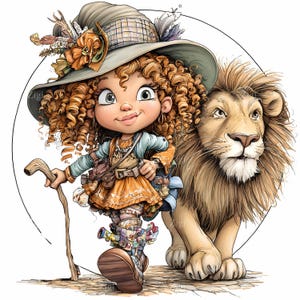 12 JPEG Niña rizada con león – Clipart JPG de aventura en la jungla – Arte de niña valiente y animales salvajes para decoración de guardería, manualidades o libros de cuentos