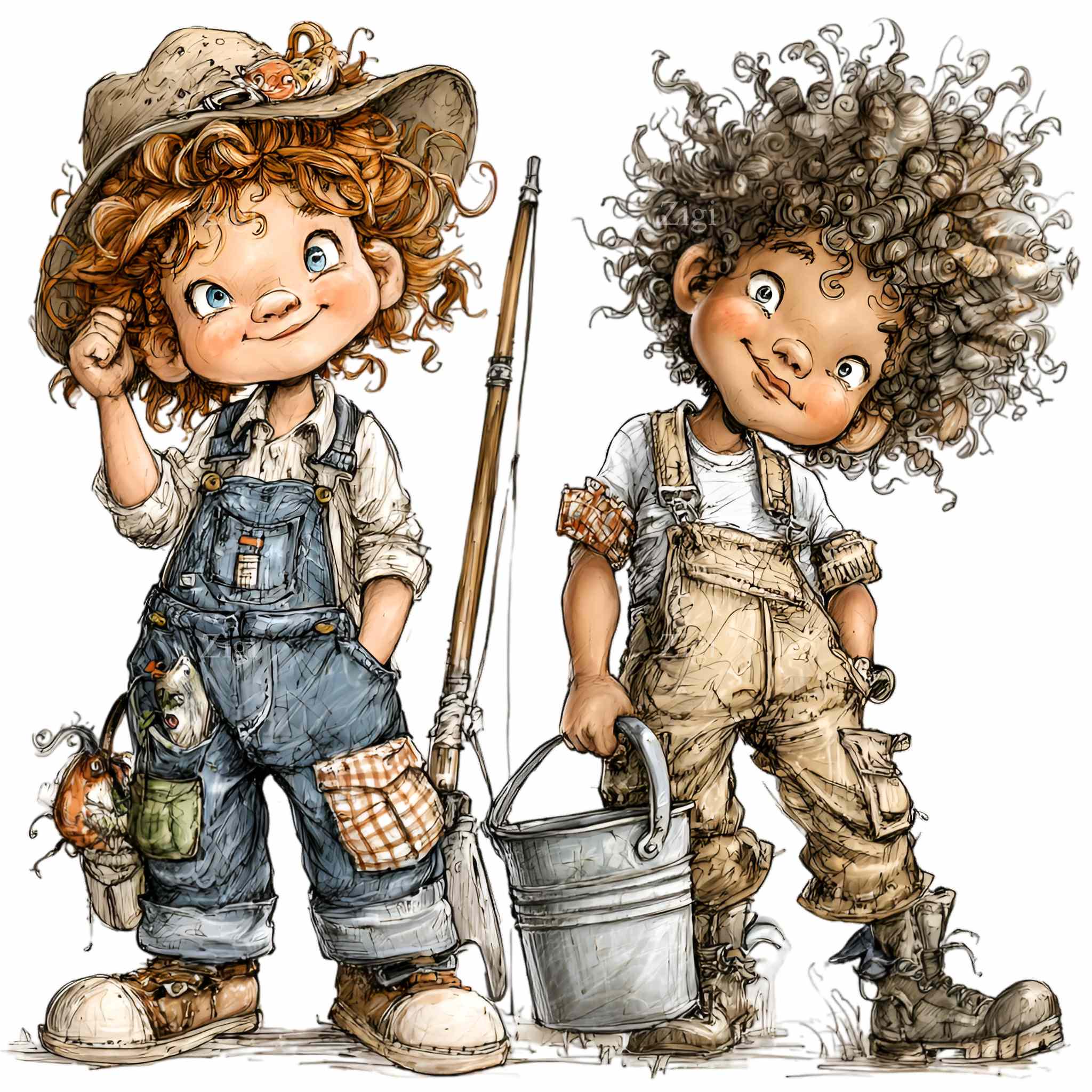10 PNG Fishing duo clipart – Cute kids with rod PNG – Crafters, children’s themes, DIY art for stickers, cards, vintage outdoor scenes