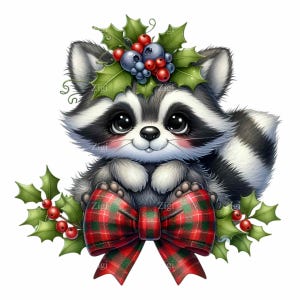 10 Noël raton laveur PNG - mignon vacances animaux clipart - hiver enfants décoration, art de la chambre d'enfant, cartes à faire soi-même et conception par sublimation