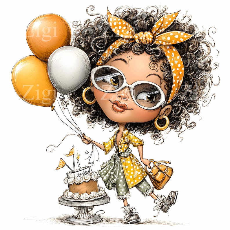 May include: Cartoon illustration of a character with curly hair, wearing a yellow polka dot outfit, sunglasses, and a matching headband. She holds balloons, a purse, and a birthday cake with candles and flags.