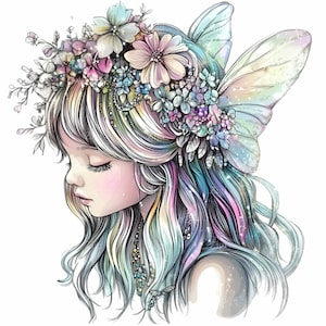 11 花の妖精 PNG クリップアート - パステルカラーの花と羽を持つ魅惑的な妖精の少女 - ファンタジーアートイラスト